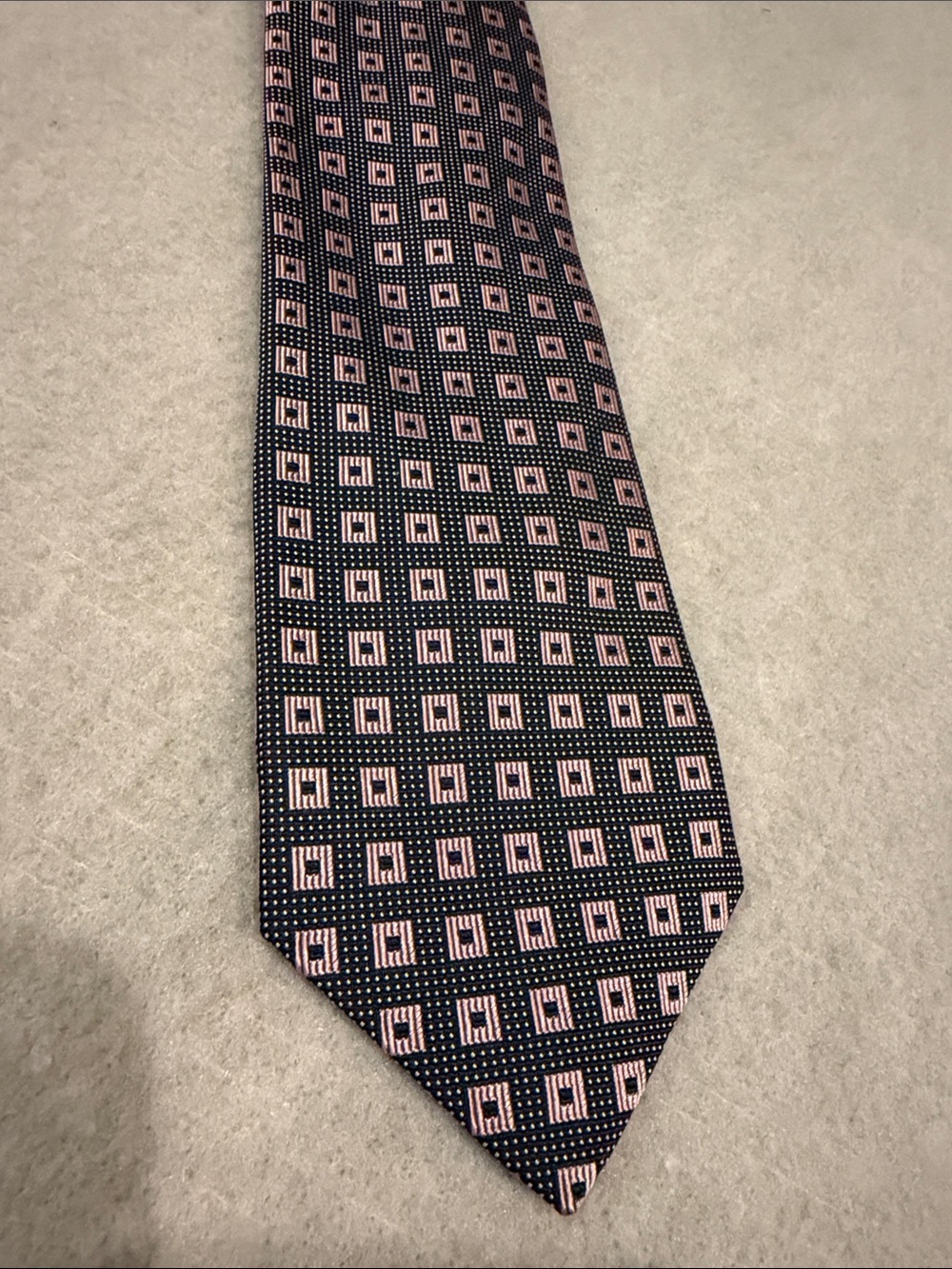 Paul Stuart Navy Silk Tie with Pink Square Pattern
